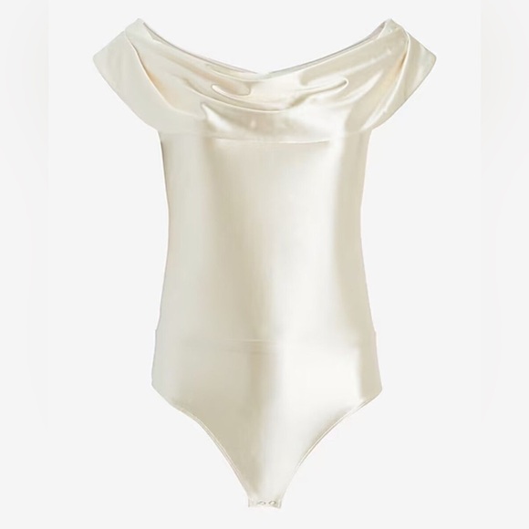 NWT Express Ivory Satin Off The Shoulder Thong Bodysuit - Picture 2 of 6